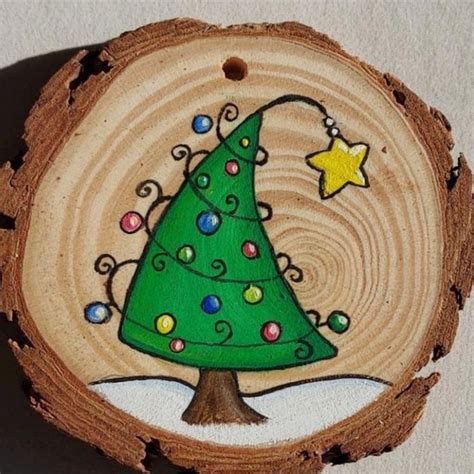 A Painted Christmas Tree On A Piece Of Wood