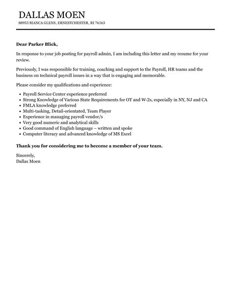 Payroll Admin Cover Letter Velvet Jobs