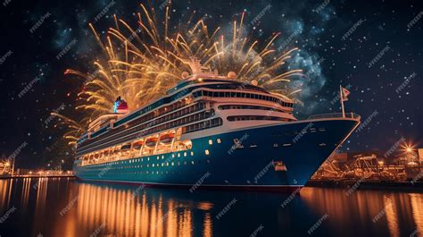 Premium AI Image | Cruise ship with fireworks in the night sky 3d rendering