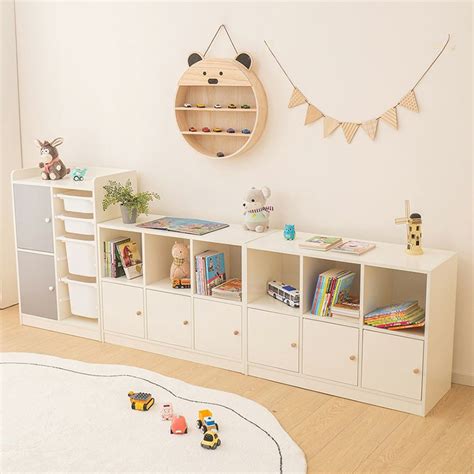 White Wood Baby And Kids Bookcase With Hinged Doors And Horizontal