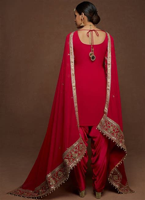 Crimson Pink And Gold Embroidered Punjabi Suit Lashkaraa Indian