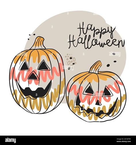 Happy Halloween, handwritten quotes, cute illustration with pumpkins, doodle style drawing Stock ...