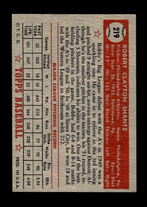 1952 Topps Set Break 219 Bobby Shantz VG VGEX GMCARDS EBay