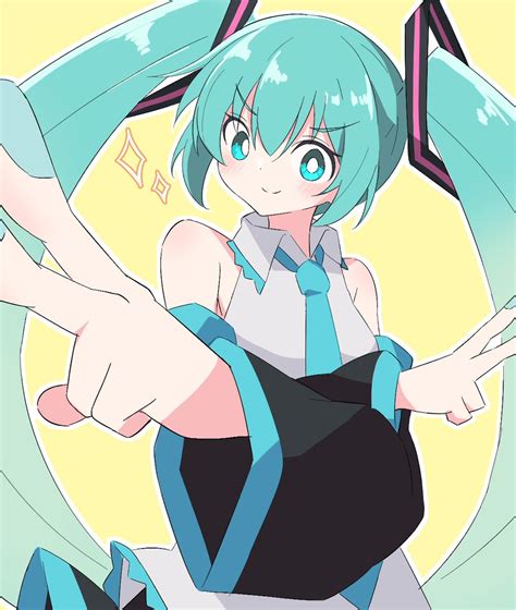 初音ミク「ドヤ顔ダブルピースミクさんからしか得られない栄養素が存在する。初音ミク 」笹の葉のイラスト