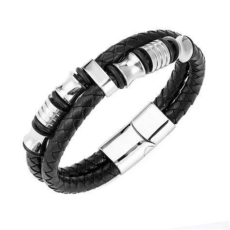 China Mens Double Row Black Braided Leather Bracelet Bangle Wristband