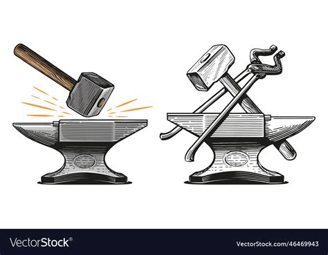 Hand Drawing Anvil And Hammer Pliers Blacksmith Vector Image