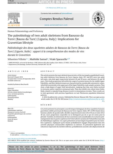 (PDF) The paleobiology of two adult skeletons from Baousso da Torre ...