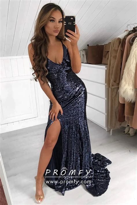 Navy Sequin V Neck Spaghetti Straps Slit Prom Dress Promfy