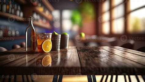 Empty Wooden Table With A View Of Blurred Beverages Bar Backdrop