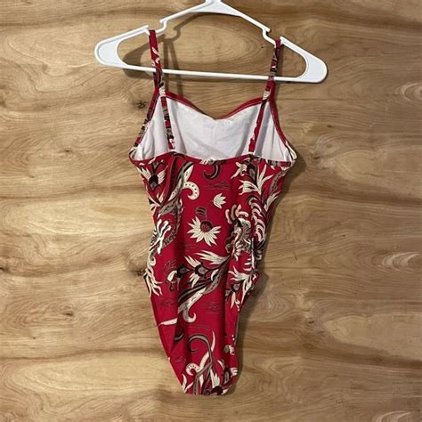 Jantzen Swim Vintage Jantzen Red Floral One Piece Swimsuit High Cut