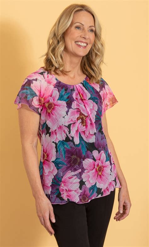 Anna Rose Bias Cut Floral Printed Chiffon Top In Pink Klass