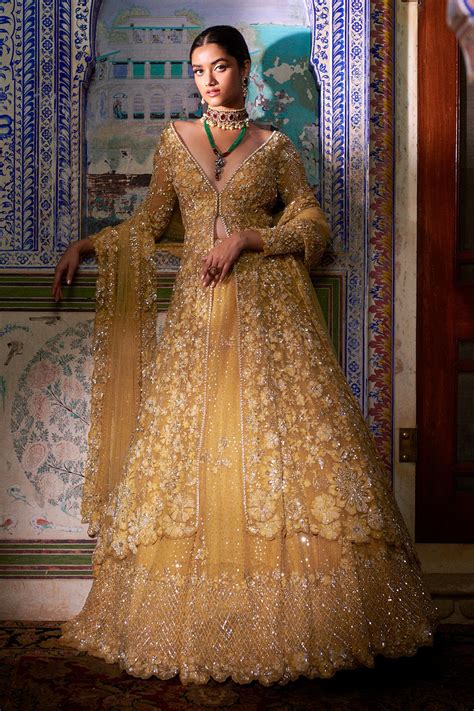 Buy Gold Net Embroidered Floral Plunge V Neck Jacket Lehenga Set For