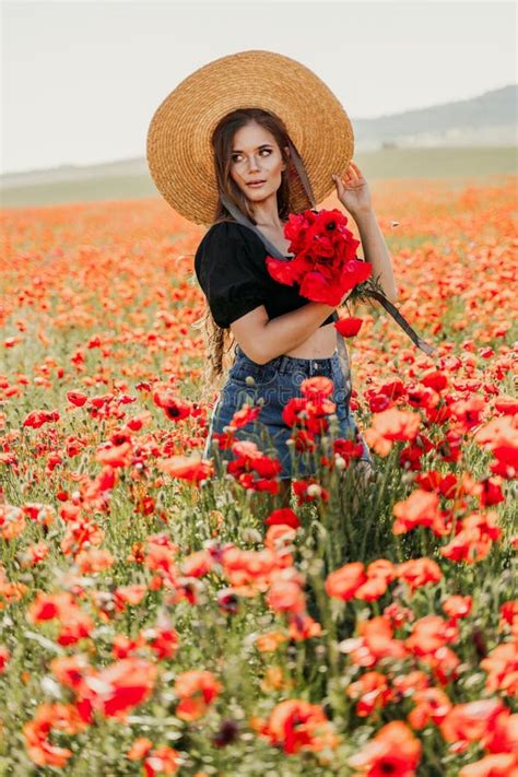 Woman Poppies Field Portrait Happy Woman With Long Hair In A Poppy