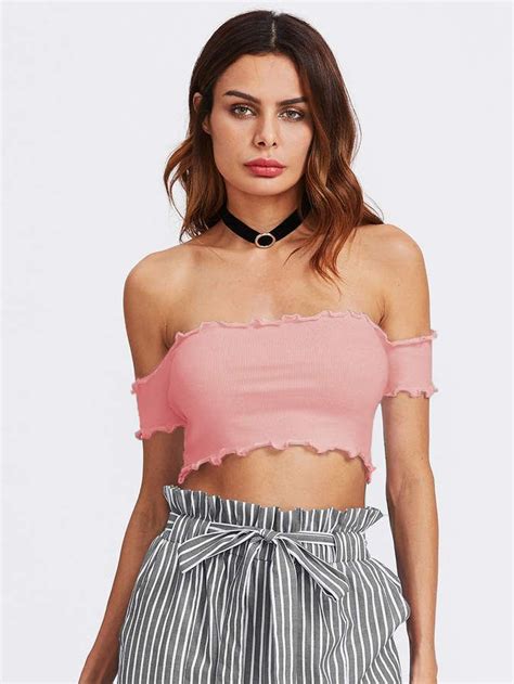 Romwe Lettuce Edge Trim Bardot Ribbed Crop Tee Cropped Tee Outfit Crop Tee Fashion