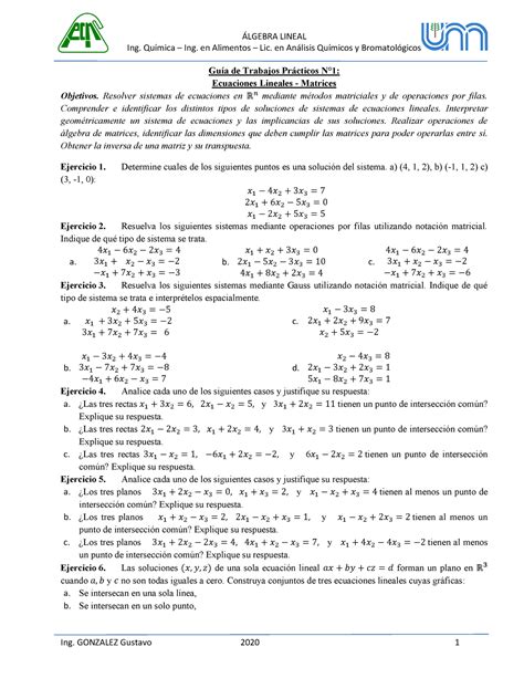 Gu A N Matrices Y Ecuaciones Lineales Ing Qu Mica Ing En