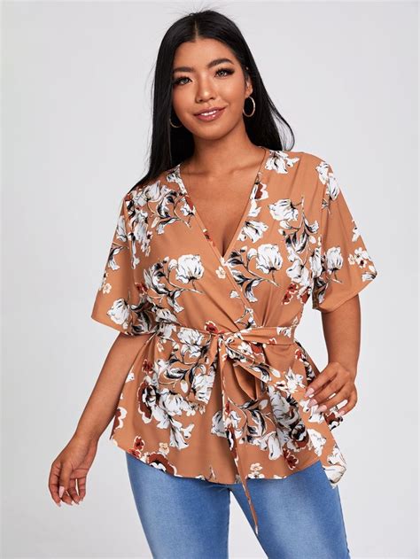 Floral Print Surplice Front Belted Blouse