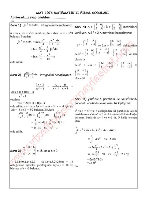 Matematik Final Sorular Ve Cevaplar Vize Ve Final Sorular