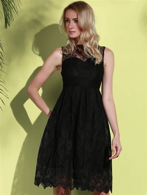 Stylish Round Neck Sleeveless Hollow Out Solid Color Lace Womens Dress