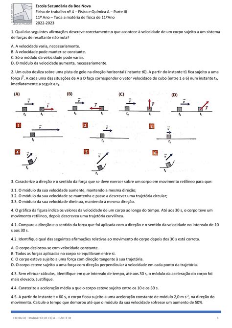 Ft fq parte iii exercícios Escola Secundria da Boa Nova Ficha de