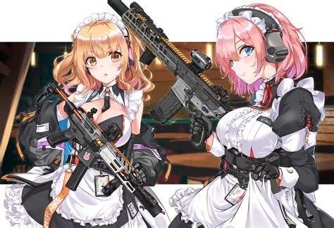 Safebooru 2girls Assault Rifle Bangs Barcode Black Gloves Black