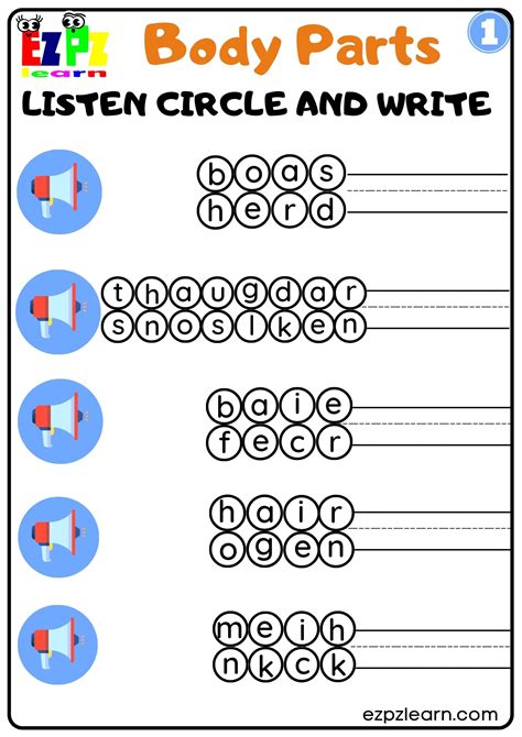 Interactive Worksheet For Body Parts Listen Circle And Write The Words