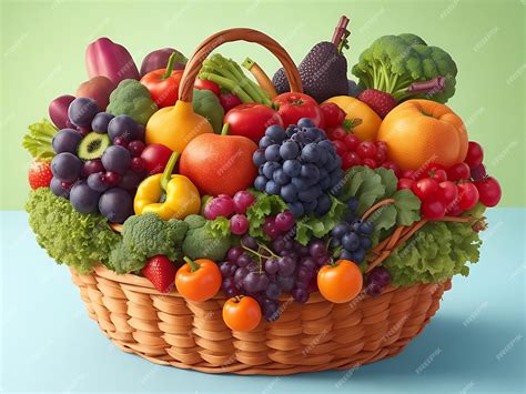 Полная разнообразная корзина, наполненная яркими фруктами и овощами ...