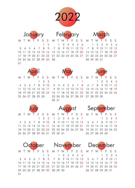 Calendario para 2022 la semana comienza el lunes ilustración de vector