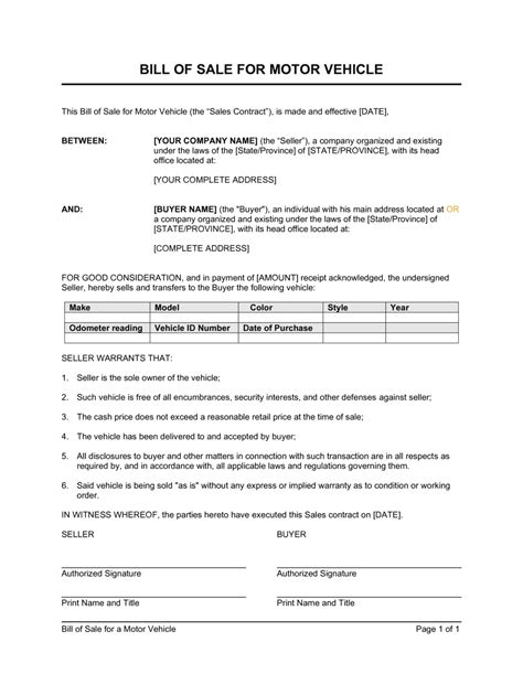 Vehicle Bill Of Sale Template Word