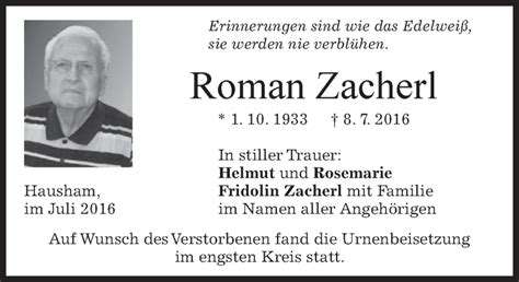 Traueranzeigen Von Roman Zacherl Trauer Merkur De