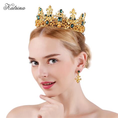 King Queen Baroque Crown And Earrings Red Rhinestone Bride Tiaras Women