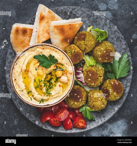 Hummus With Falafel And Pita Bread On Plate Arabic Cuisine Appetizer