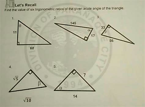 Solved Lets Recall Find The Value Of Six Trigonometric Ratios Of The Given Acute Angle Of The