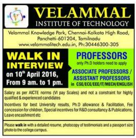 VELAMMAL INSTITUTE OF TECHNOLOGY REQUIRES PROFESSOR IN MANY DEPARTMENTS ~ Anna University Results