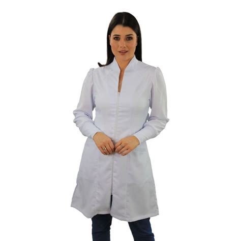 Jaleco Feminino Gabardine Branco Gola Padre Ziper E Punho Dry Fit