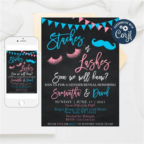 Editable Staches Or Lashes Gender Reveal Invitation He Or She Invite