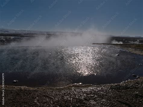Steaming Pool With Hot Thermal Water In Geysir In Geothermal Area Haukadalur Part Of Golden