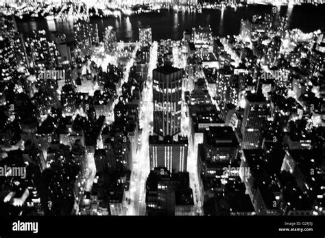 Illuminated Midtown Manhattan Skyline At Night High Angle View New