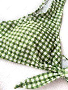 Front Tie Thong Plaid Bikini Set In White And Green Zaful