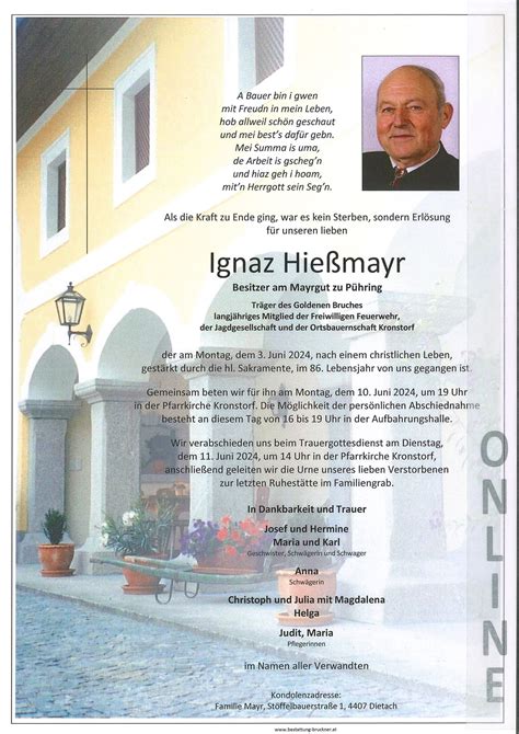 Ignaz Hießmayr 85 Bestattung Bruckner Wolfern bei Steyr