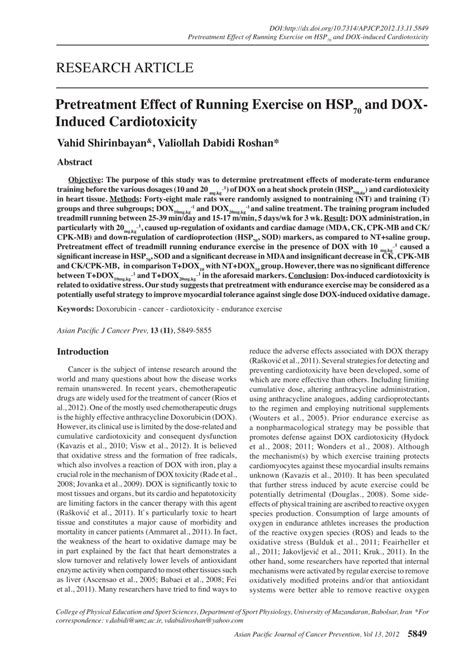 PDF Pretreatment Effect Of Running Exercise On HSP 70 And DOX Induced