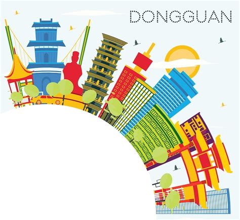 Premium Vector | Dongguan china city skyline with color buildings, blue ...