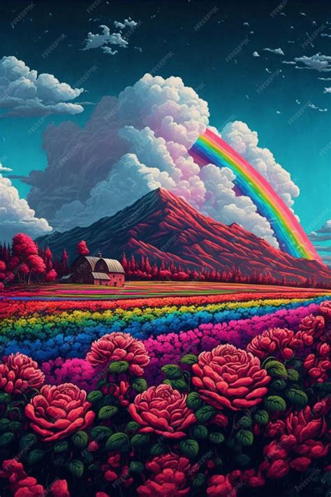 Premium AI Image | Painting of a rainbow over a field of flowers ...