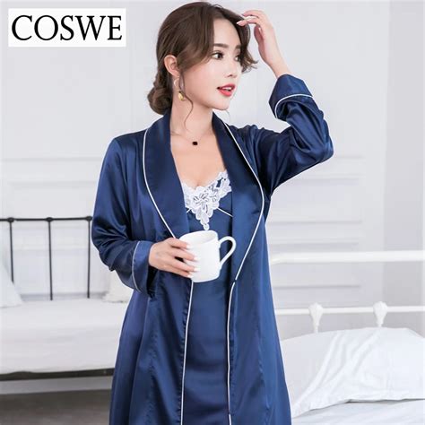 Coswe Women Bathrobe Satin Silk Woman Bathrobes And Gown Sets Female Bath