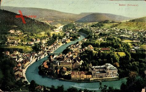 Baden Kt Aargau Schweiz Blick auf den Ort Fluss Berge Brücke