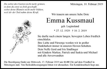 Traueranzeigen von Emma Kussmaul Schwarzwälder Bote Trauer