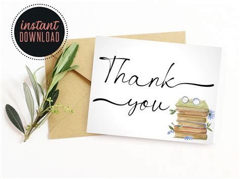 Printable Watercolor Book Thank You Card Printable Book Etsy