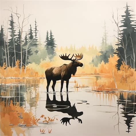 Premium Ai Image Painting Of A Moose Standing In A Lake With Trees In