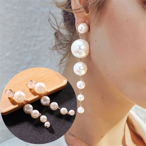 Trendy Elegant Created Big Simulated Pearl Long Earrings Pearls String