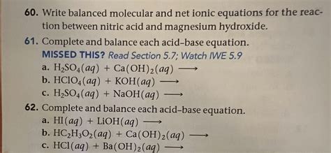 Solved 60 Write Balanced Molecular And Net Ionic Equations Chegg