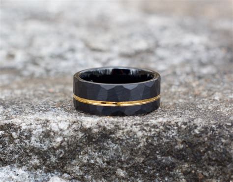 HAMMERED BLACK WEDDING Ring With Yellow Gold Hammered Ring Yellow